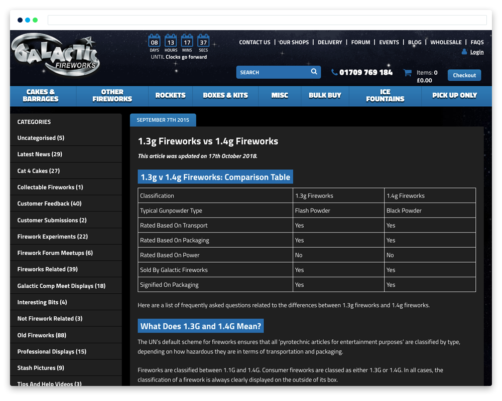 the galactic wesite showing the  1.3g and 1.4g fireworks content