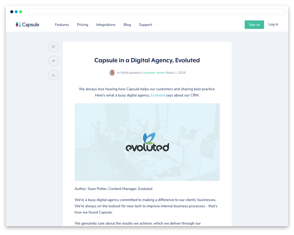 screenshot of evoluted's contribution to the CapsuleCRM blog