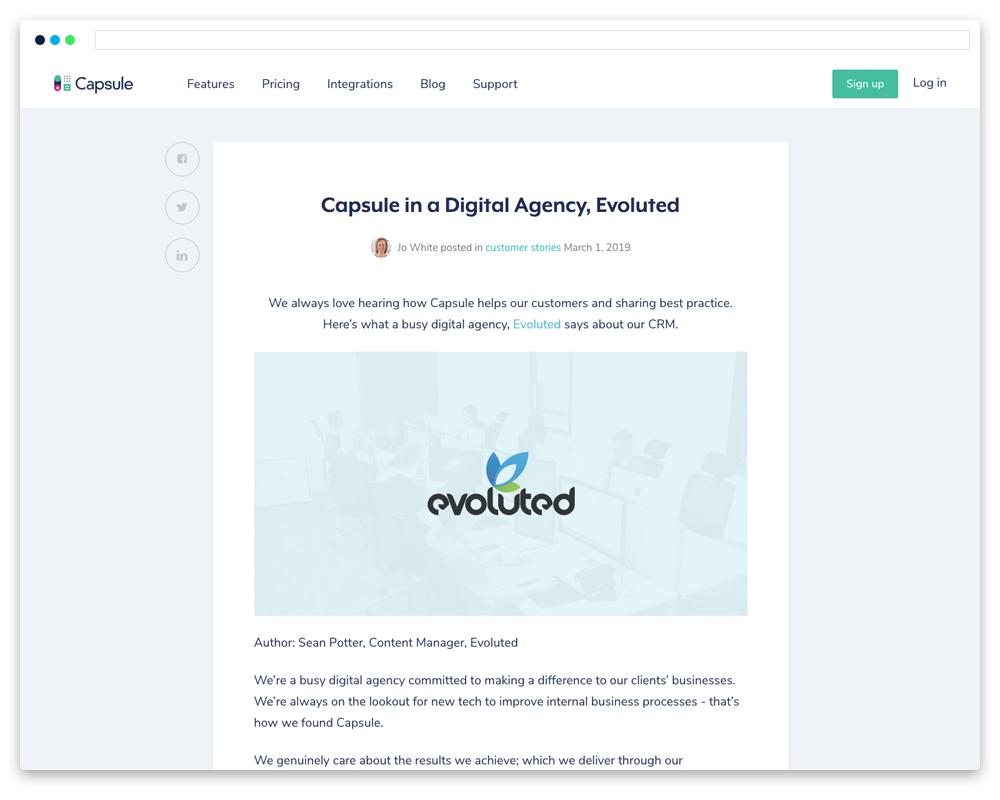 screenshot of evoluted's contribution to the CapsuleCRM  blog