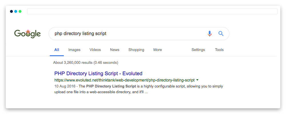 google search for ' PHP Directory Listing Script' showing Evoluted as the number 1 result
