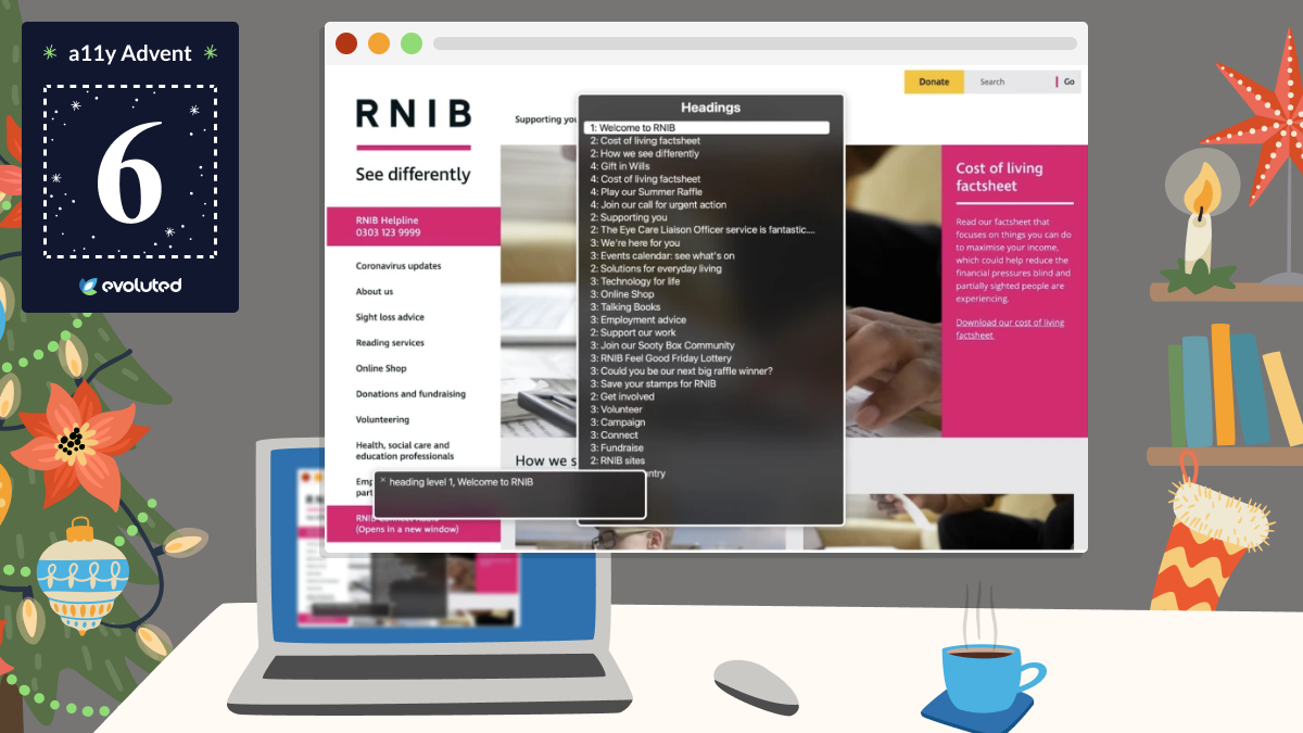 VoiceOver's heading navigation menu shown as an overlay for the RNIB homepage, representing a good heading structure that is well-ordered with descriptive titles