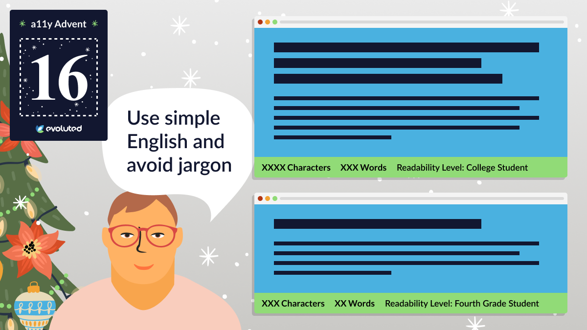 Two examples of blocks of dummy text with readability scores in the style of writing tools like Grammarly.  The first block is longer and more complex and has a readability level of 'College Student'. The second block is shorter and less complex and has a readability level of 'Fourth Grade Student'.