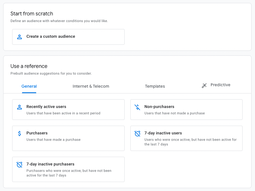 The GA4 audiences overview screen, where you can create an audience from scratch or using a template