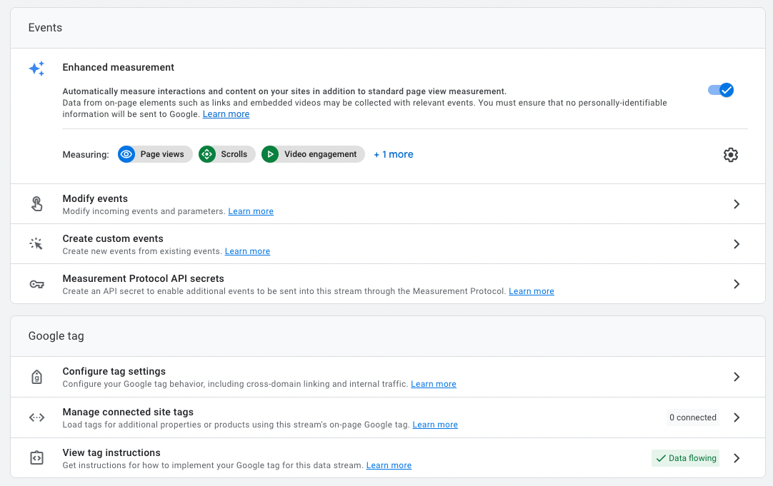 A screenshot of the various GA4 data stream settings