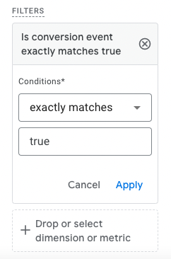 A conversion event filter which narrows down the report data range