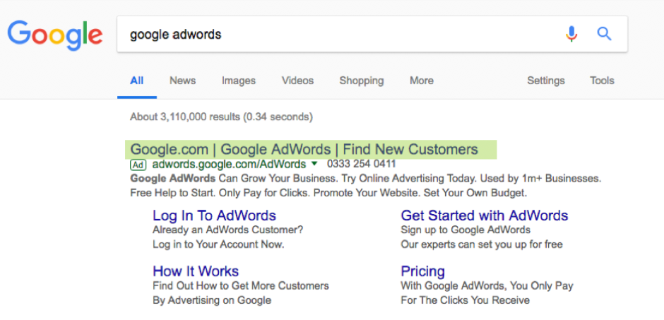 Screenshot of google search showing ppc ad