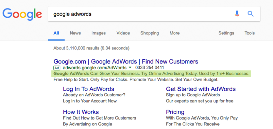 Screenshot of PPC Ad on Google