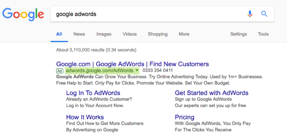 Screenshot of google highlighting ad URL