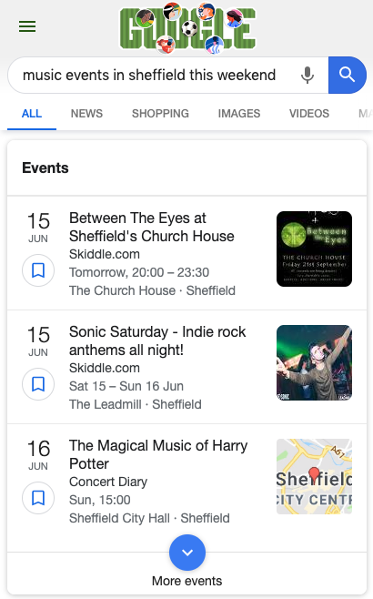 google search for 'music events in sheffield this weekend' showing event rich results