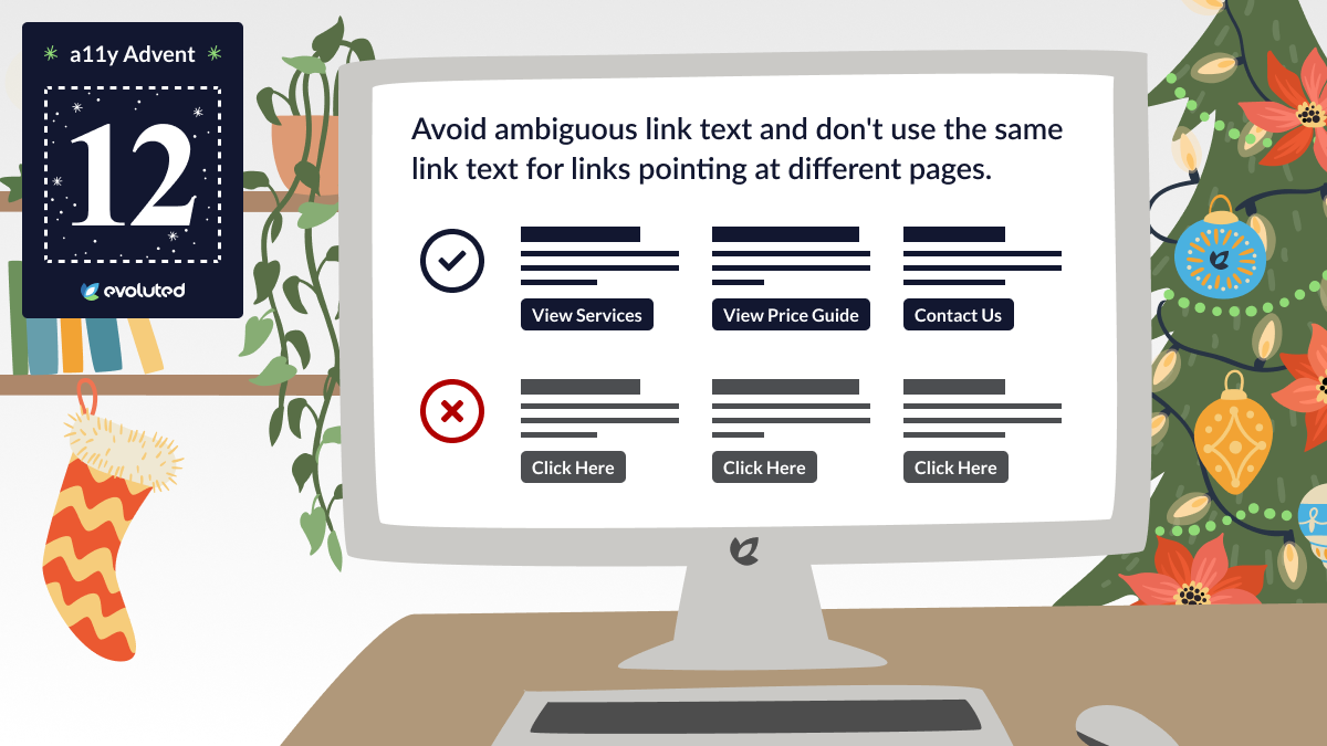 Two rows with examples of link text. The first row uses link text which provides clear context: "View Services", "View Price Guide" and "Contact Us". The second row uses link text which doesn't provide any context: all say "Click Here".
