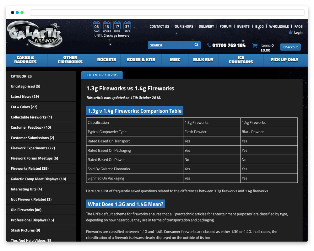 the galactic wesite showing the 1.3g and 1.4g fireworks content