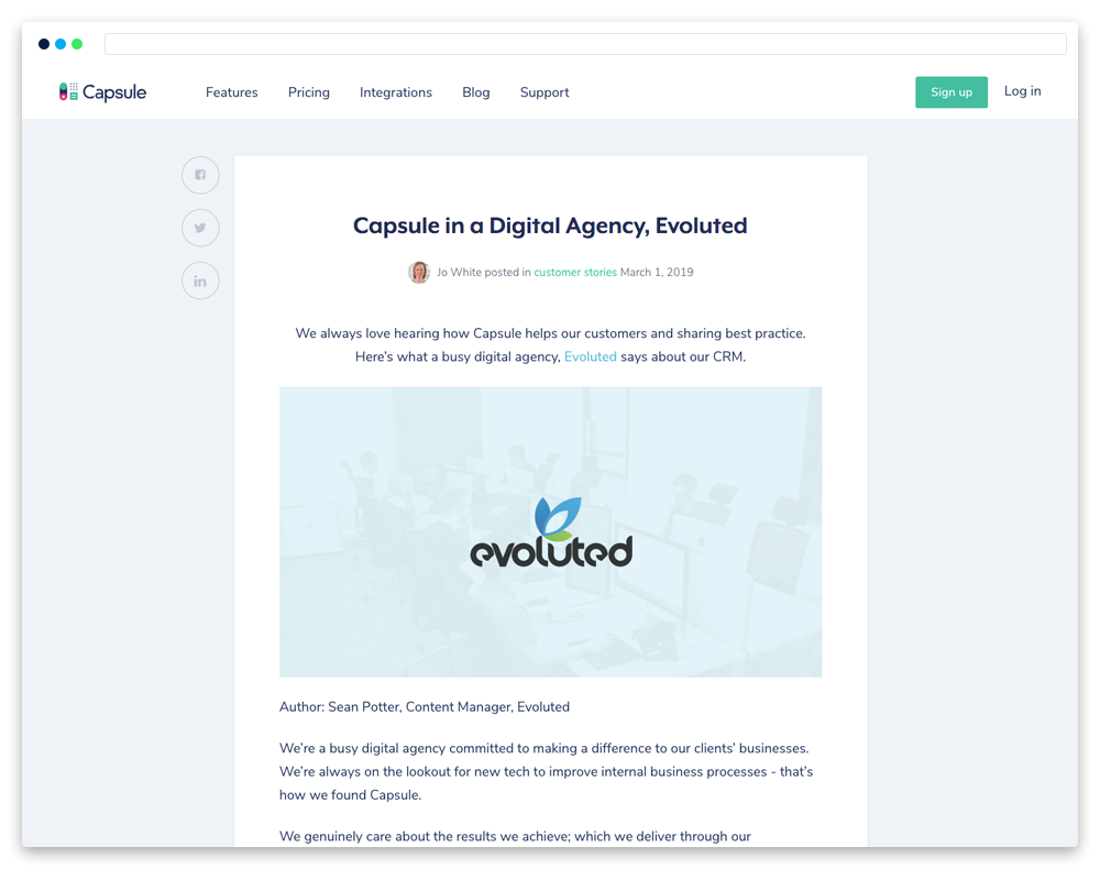 screenshot of evoluted's contribution to the CapsuleCRM blog